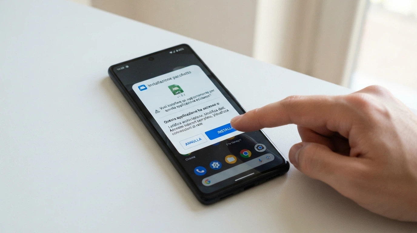 Lo schermo di uno smartphone Android con la finestra di dialogo «Installa da fonti sconosciute» e un file APK in download