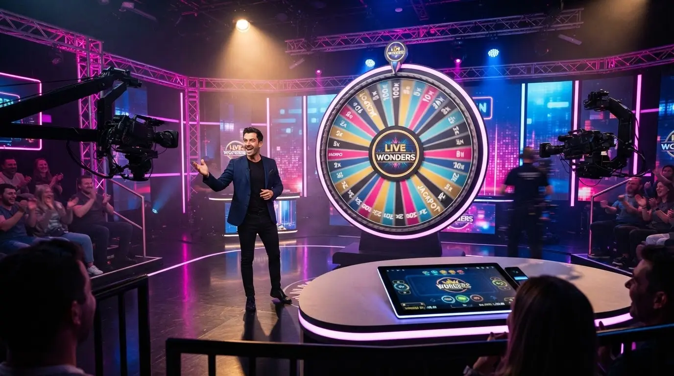Il tavolo di Crazy Time dal vivo con il presentatore in studio e la ruota dei moltiplicatori in primo piano