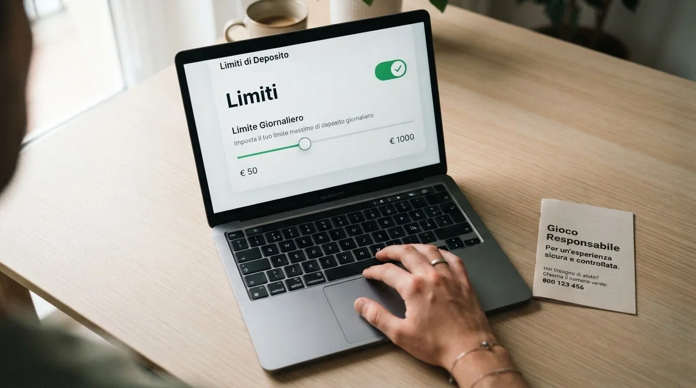 Una mano che digita su una tastiera con lo schermo che mostra la pagina «limiti di deposito» dell'area account di un casinò ADM, affiancata dal logo del RUA