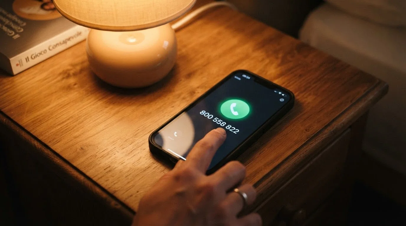 Una mano che digita un numero verde su un telefono, con il logo dell'ISS sullo sfondo