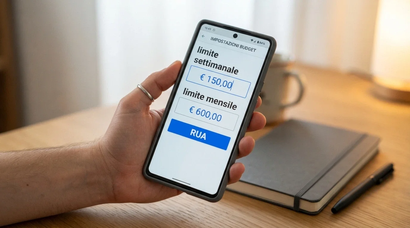 Una schermata di impostazione limiti di deposito su un casinò ADM con i campi «limite settimanale» e «limite mensile» compilati e un pulsante RUA visibile.