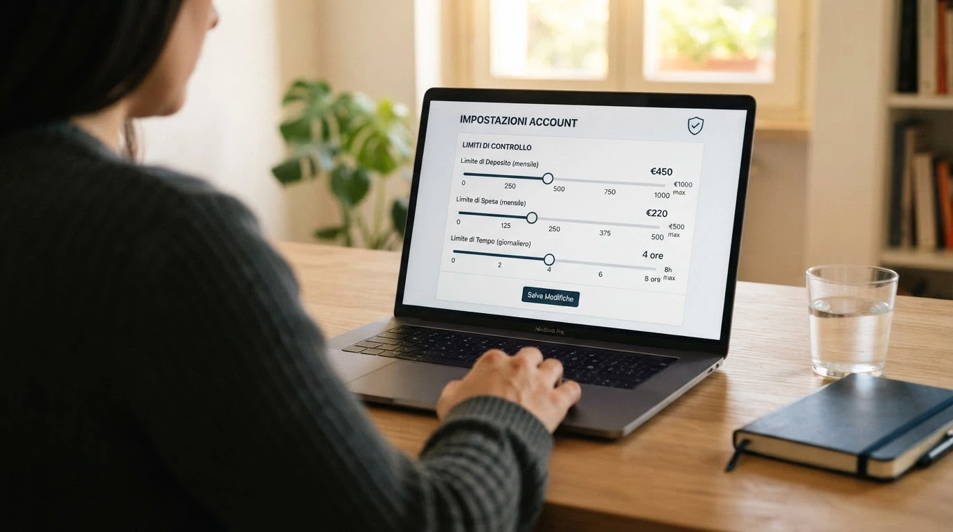L'interfaccia di un pannello di controllo di un conto gioco ADM con i cursori per i limiti di deposito, spesa e tempo ben visibili, e il logo RUA in evidenza