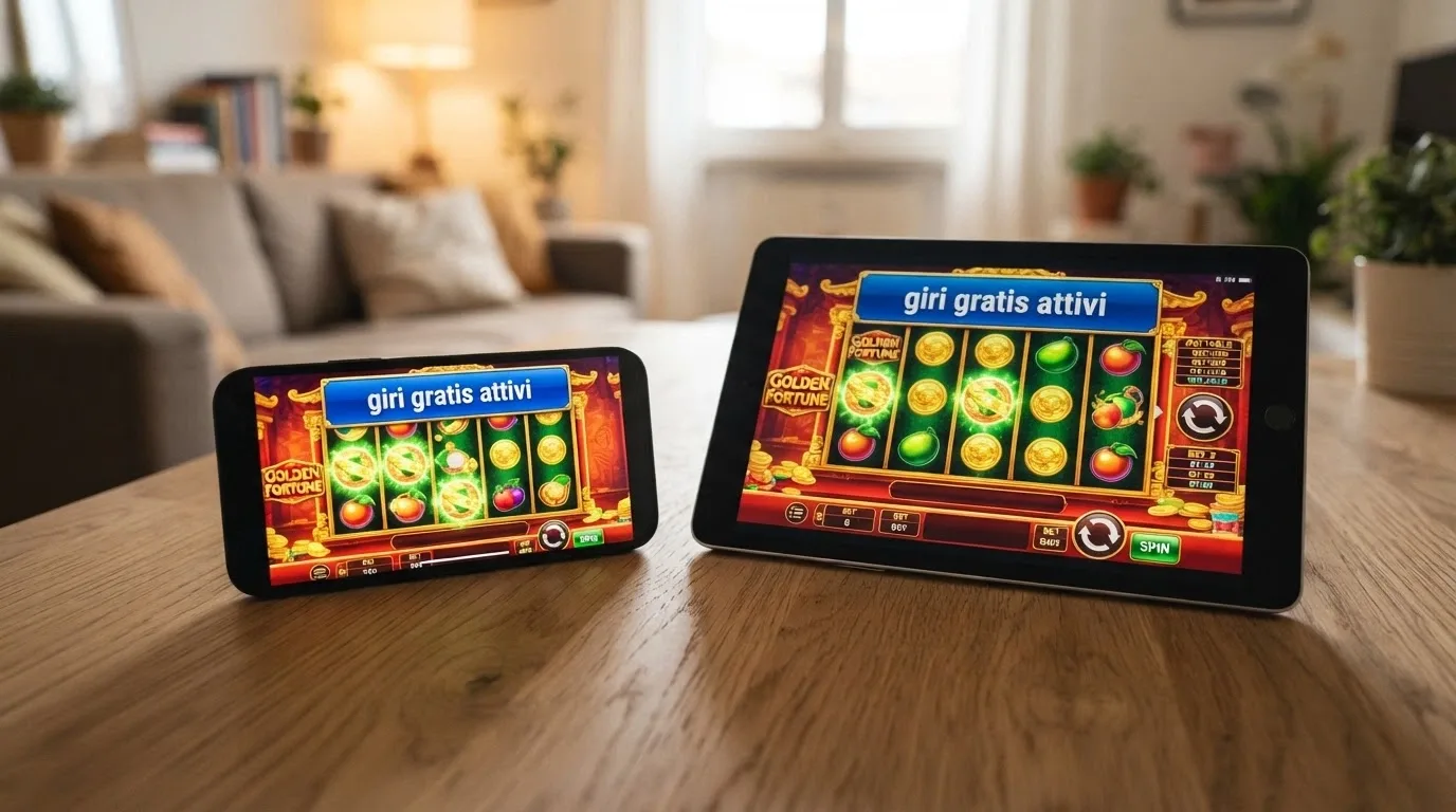 Uno smartphone e un tablet affiancati, entrambi con un'interfaccia di slot attiva e la scritta «giri gratis attivi» in una notifica in alto.