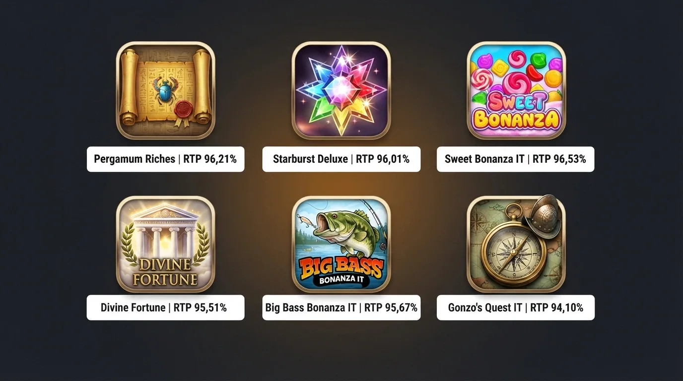 Una griglia di icone delle slot più popolari in Italia — Book of Dead, Starburst e Sweet Bonanza in primo piano — ciascuna con l'indicazione dell'RTP in percentuale sotto il titolo