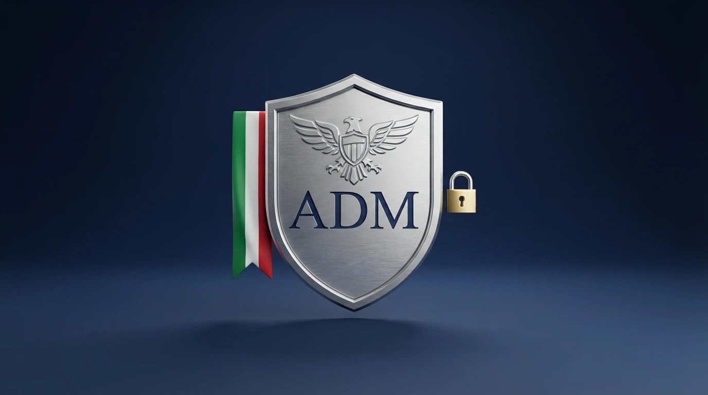 Il logo ufficiale dell'Agenzia delle Dogane e dei Monopoli accanto alla bandiera italiana e alla dicitura «Concessionario autorizzato al gioco a distanza»
