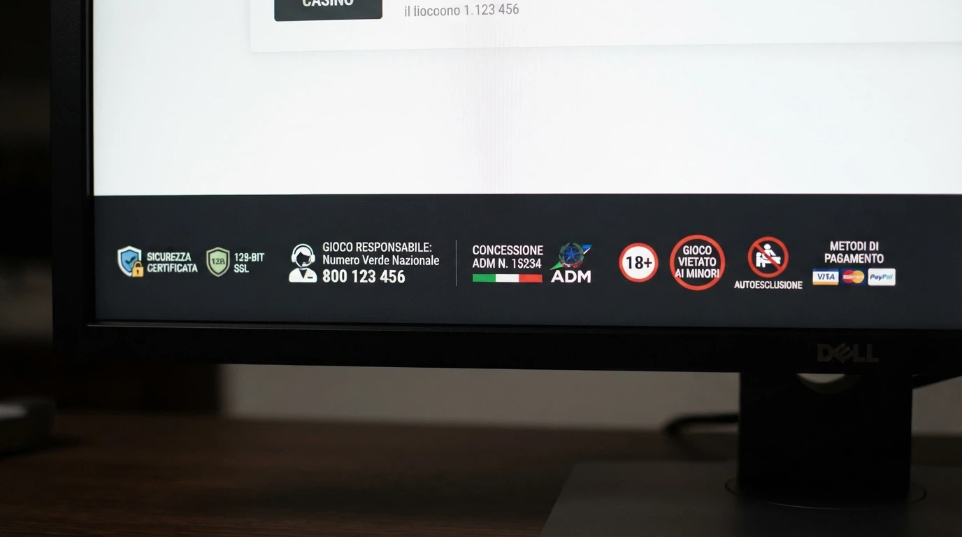 Il footer del sito di un casinò ADM con evidenziati il numero di concessione, il logo ADM e le certificazioni di sicurezza