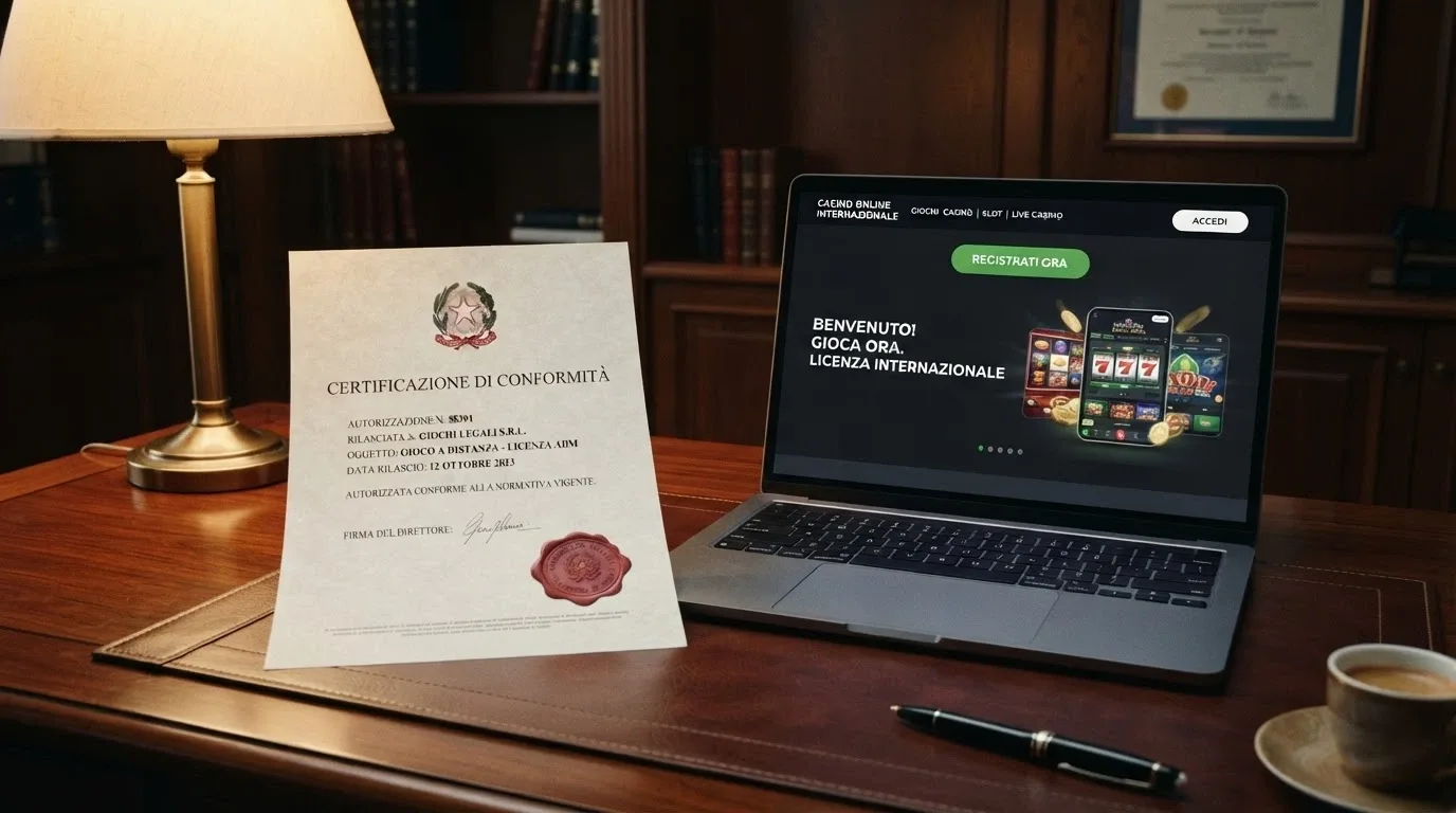 Un documento ufficiale con sigillo accanto a uno schermo che mostra la homepage di un casinò