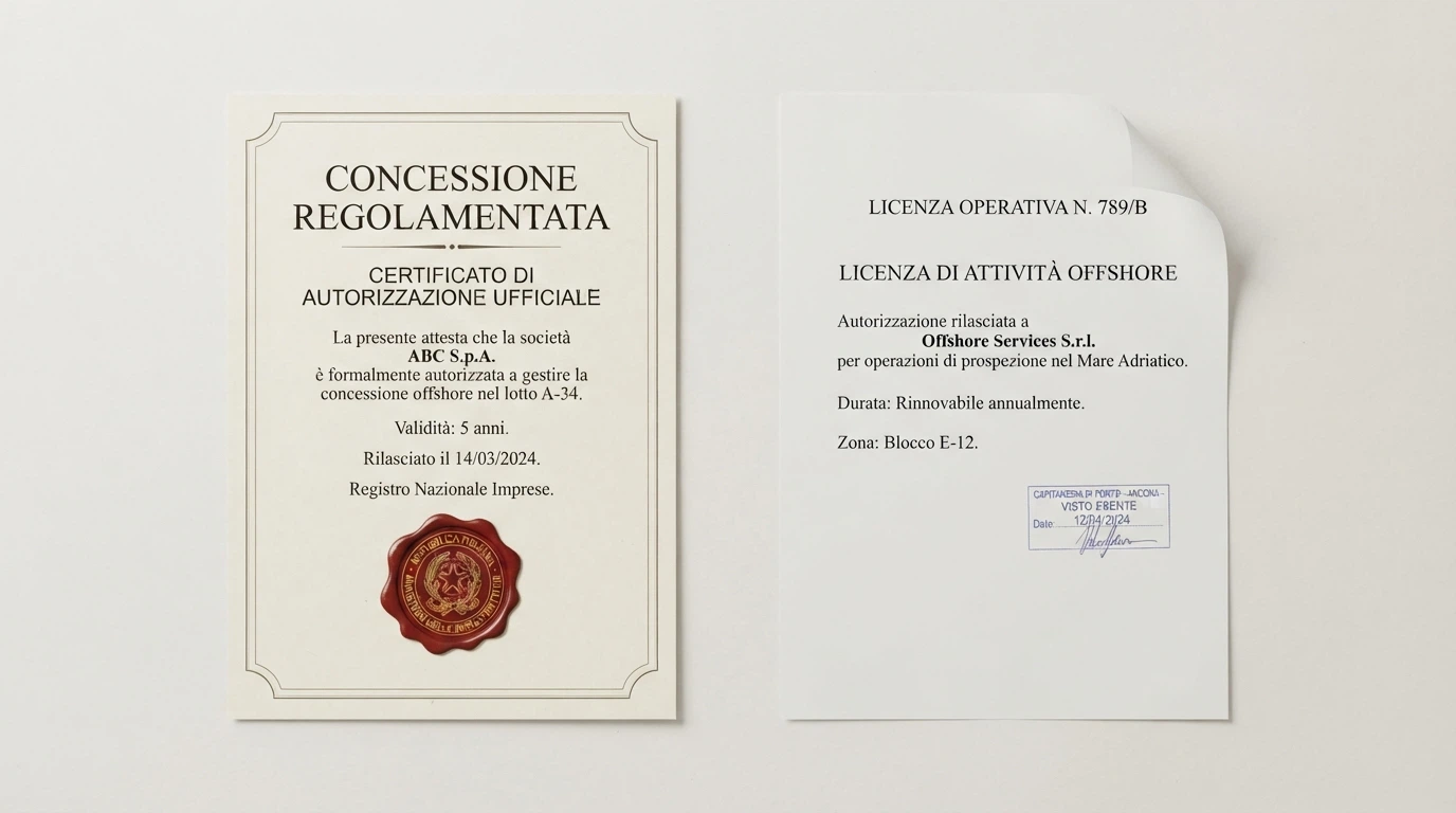 Un documento ufficiale con il sigillo dell'ADM accanto a una licenza Curaçao, in contrasto visivo