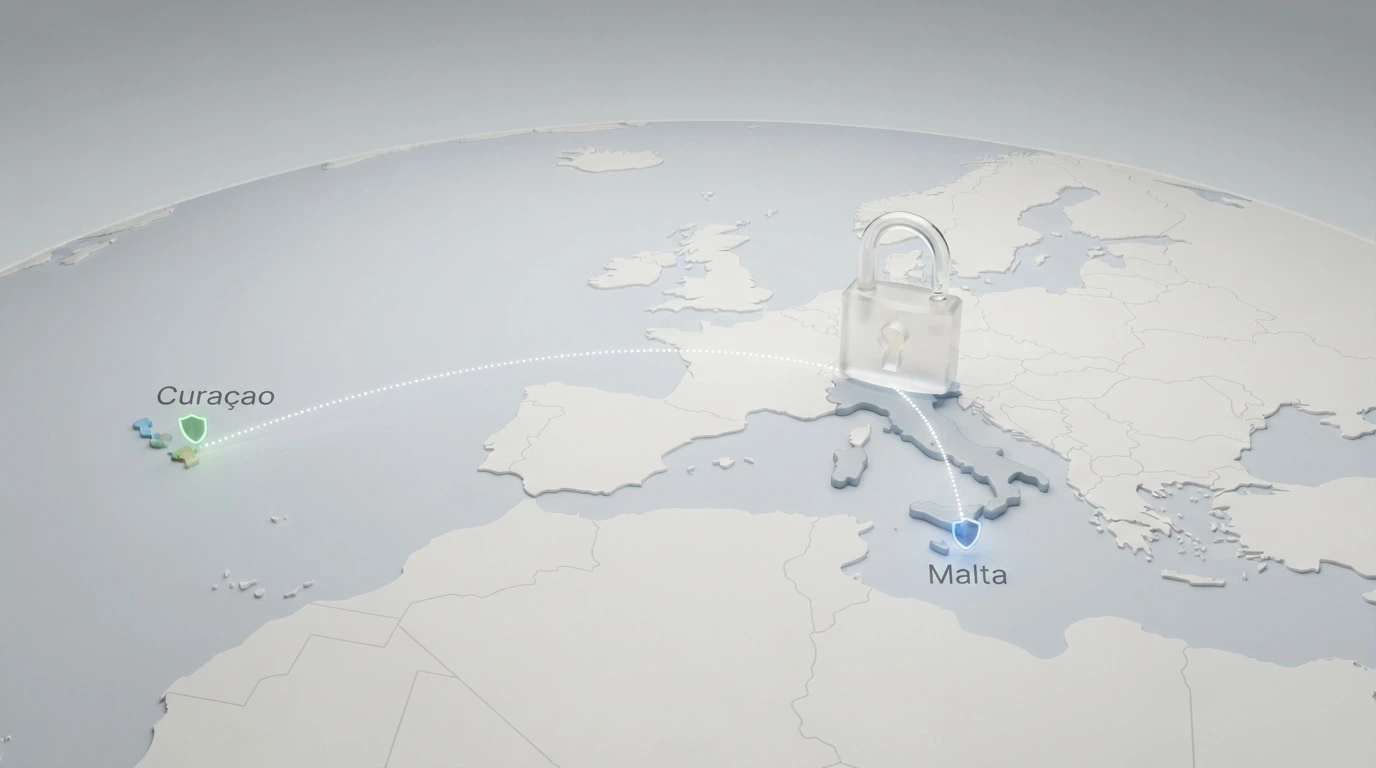 Una mappa dell'Europa con evidenziate Malta e Curaçao, collegate da linee tratteggiate all'Italia, con icone di licenze e un lucchetto