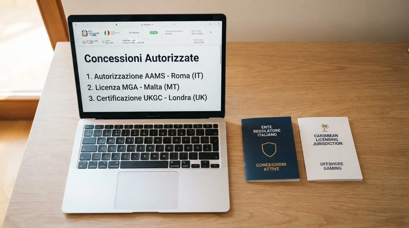 Uno schermo che mostra il sito dell'ADM con l'elenco dei concessionari autorizzati, affiancato dal logo di una licenza Curaçao e una Anjouan