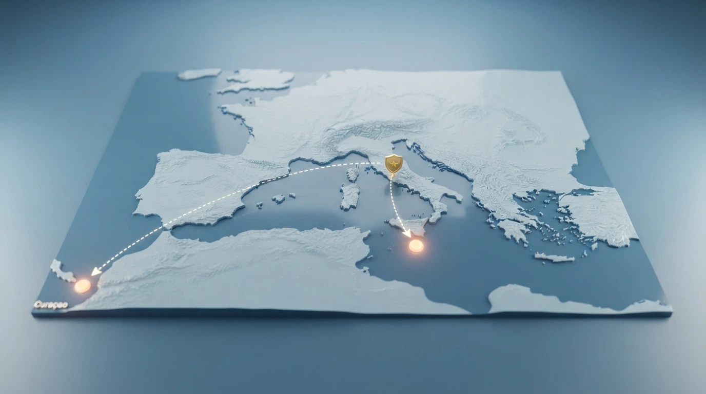 Una mappa stilizzata del Mediterraneo con Malta e Curaçao evidenziate come hub delle licenze offshore, e una freccia tratteggiata che dall'Italia punta verso queste destinazioni, mentre sullo sfondo l'Italia è segnata con il bollino ADM