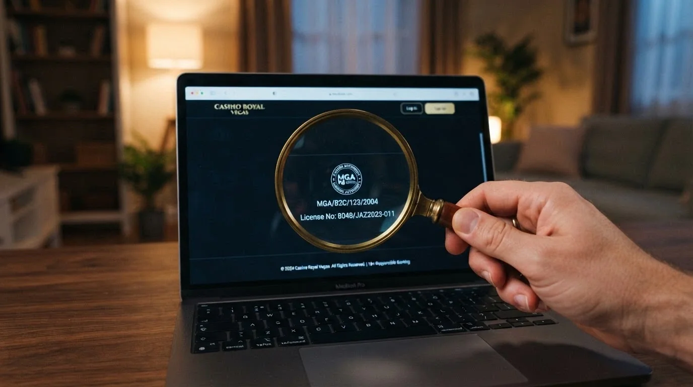 Particolare del footer di un sito di casinò online con il logo ADM e il numero di concessione evidenziati da una lente di ingrandimento digitale.