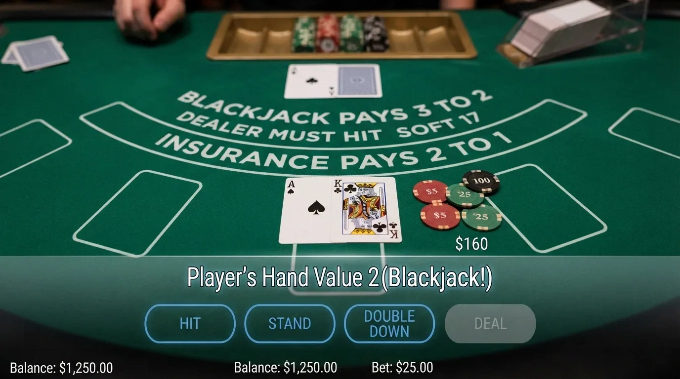Mano di blackjack in corso: carte visibili sul tavolo verde, interfaccia delle puntate in sovrimpressione e croupier in attesa della decisione