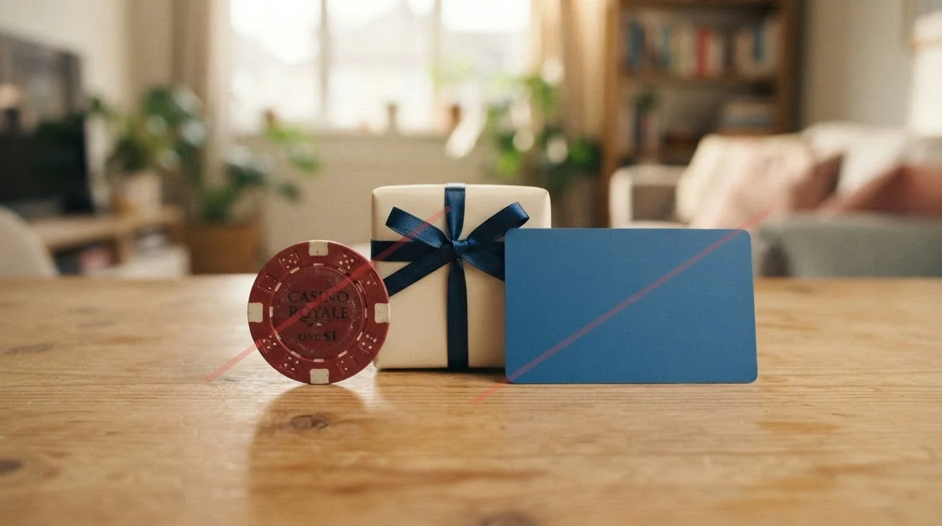 Un carrello della spesa con una carta di credito e l'icona di un pacco regalo, accanto alle icone barrate di Skrill e Paysafecard