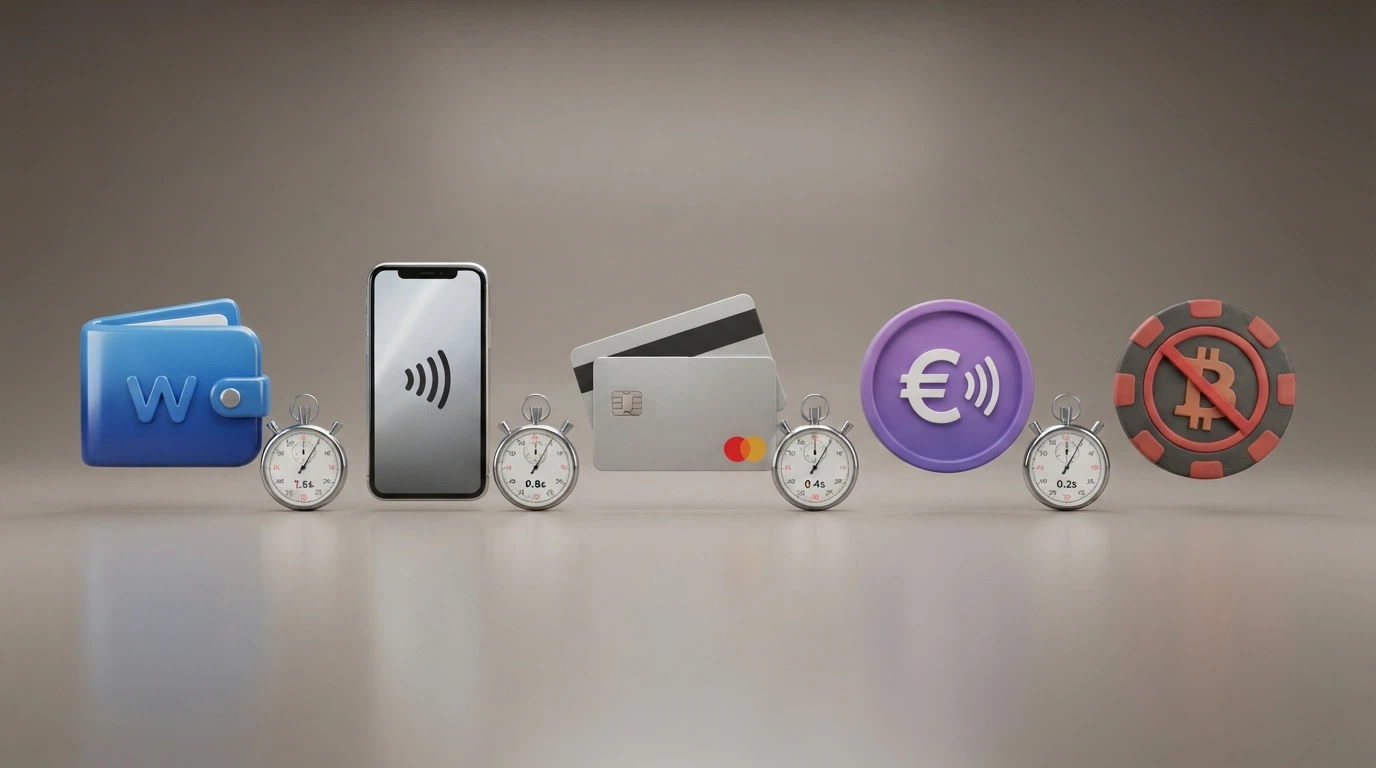 Una disposizione orizzontale delle icone dei metodi di pagamento (PayPal, Apple Pay, carte, Skrill, Bitcoin barrato su sfondo ADM) affiancate da un cronometro stilizzato che indica i tempi di accredito per ciascuno