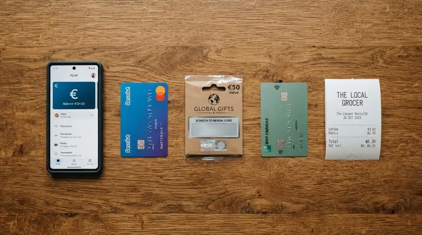 Un tavolo con cinque strumenti di pagamento affiancati: uno smartphone con PayPal aperto, una carta Postepay, un voucher Paysafecard, una carta di credito e un tagliando di ricarica da tabaccheria