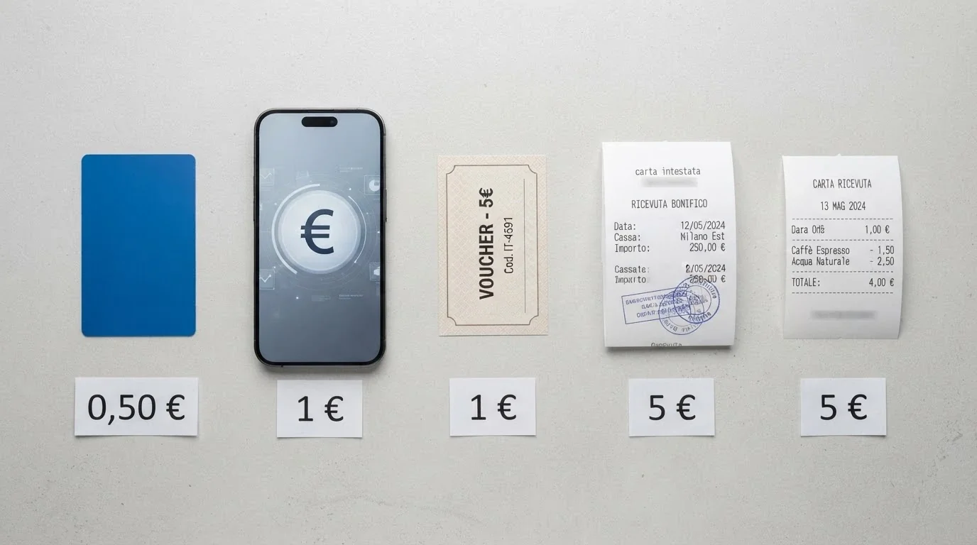 Una superficie piana con cinque strumenti di pagamento diversi disposti in fila — carta di credito, smartphone con logo PayPal, voucher Paysafecard, ricevuta di bonifico, scontrino SisalPay — ciascuno con una targhetta che indica una soglia minima diversa