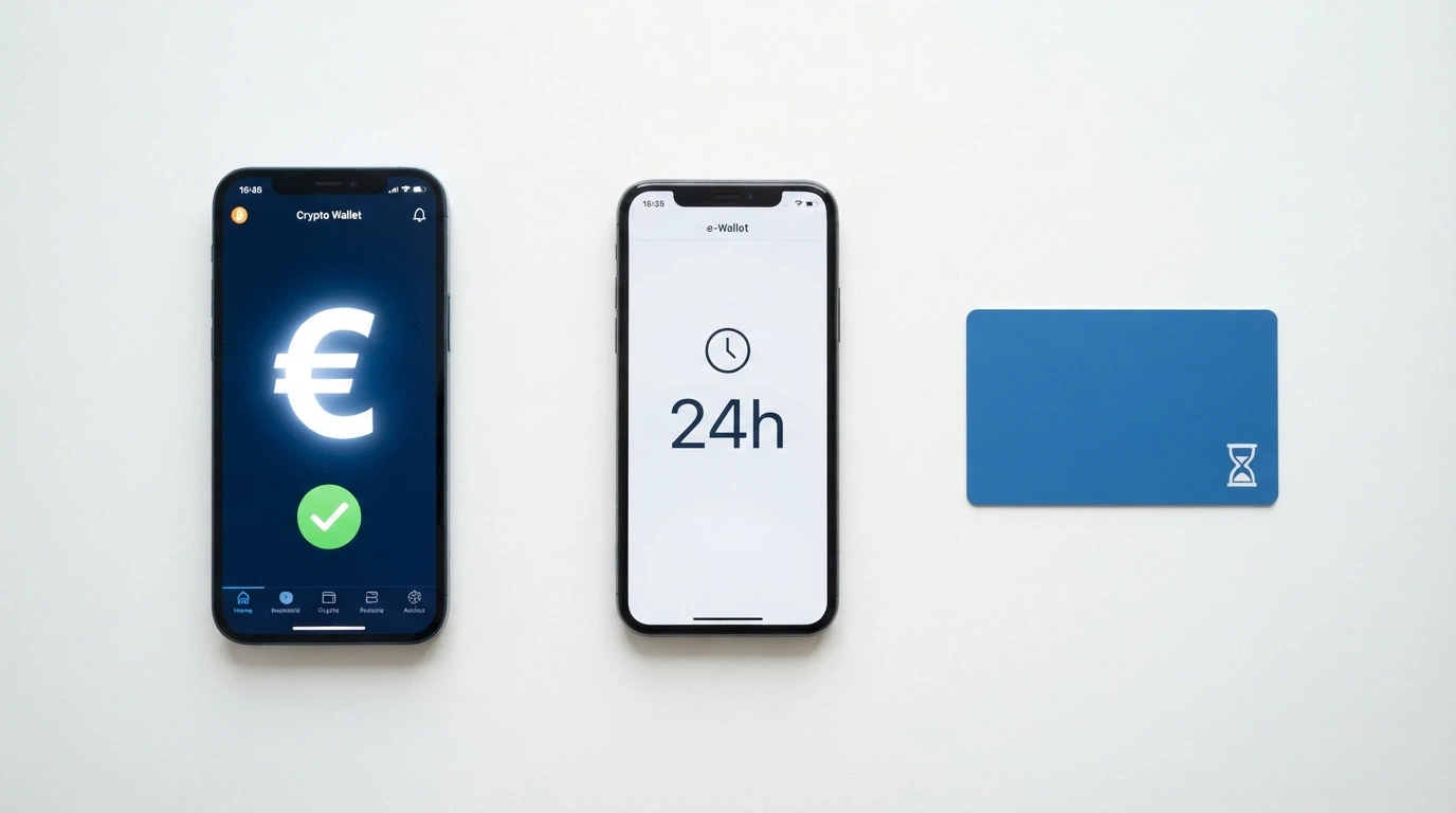 Tre dispositivi affiancati che mostrano un wallet crypto, l'interfaccia Skrill e una carta di credito con le relative tempistiche di prelievo