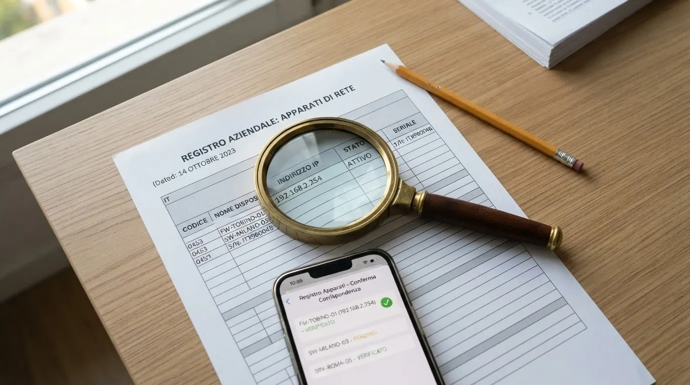 Una lente di ingrandimento su uno smartphone che mostra il registro ADM e le schede di valutazione degli operatori