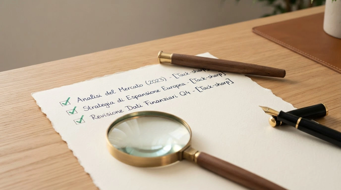 Una lente di ingrandimento posata su una lista di criteri scritti a mano in italiano, con una spunta verde accanto a «Concessione ADM», «Demo mode» e «Bonus senza deposito»