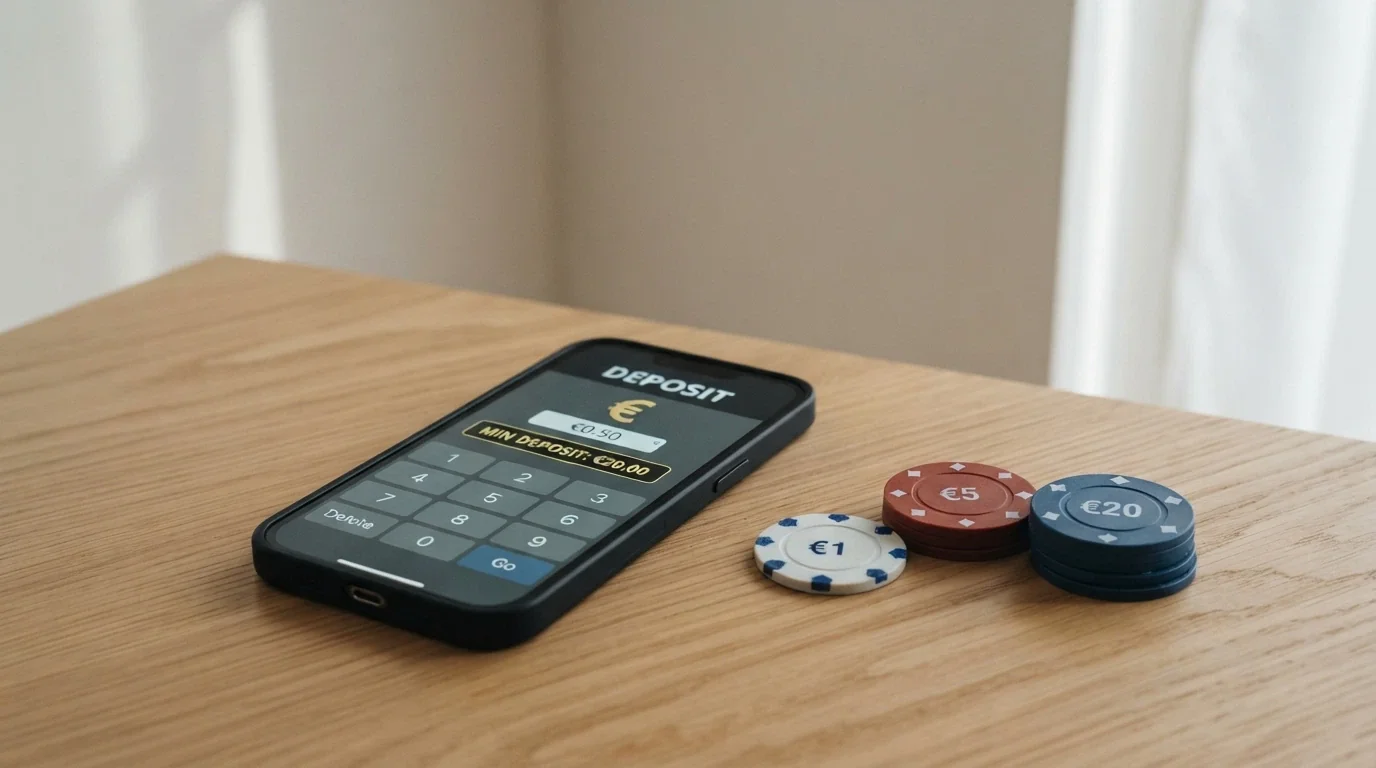 Monete da 10 centesimi sparse su un tavolo accanto a uno schermo con la schermata di deposito di un casinò online