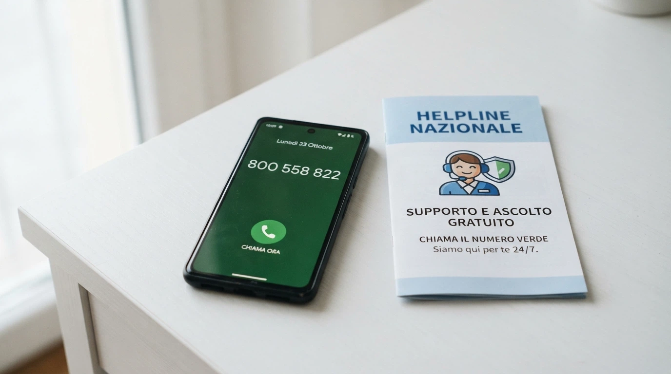 Un primo piano di un telefono con il display che mostra un numero verde, accanto a materiali informativi del Servizio per le Dipendenze con il logo del Ministero della Salute