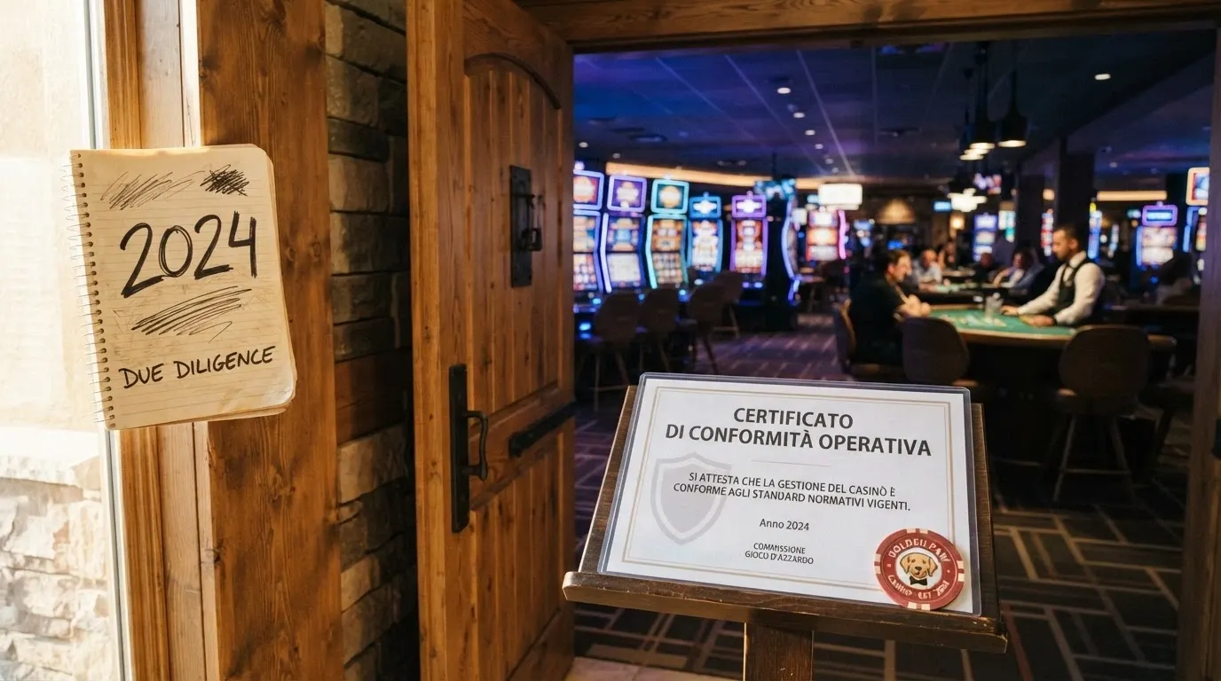 Una porta che si apre su un casinò virtuale con il logo DOGE, un calendario aperto sull'anno corrente e un certificato di licenza in primo piano