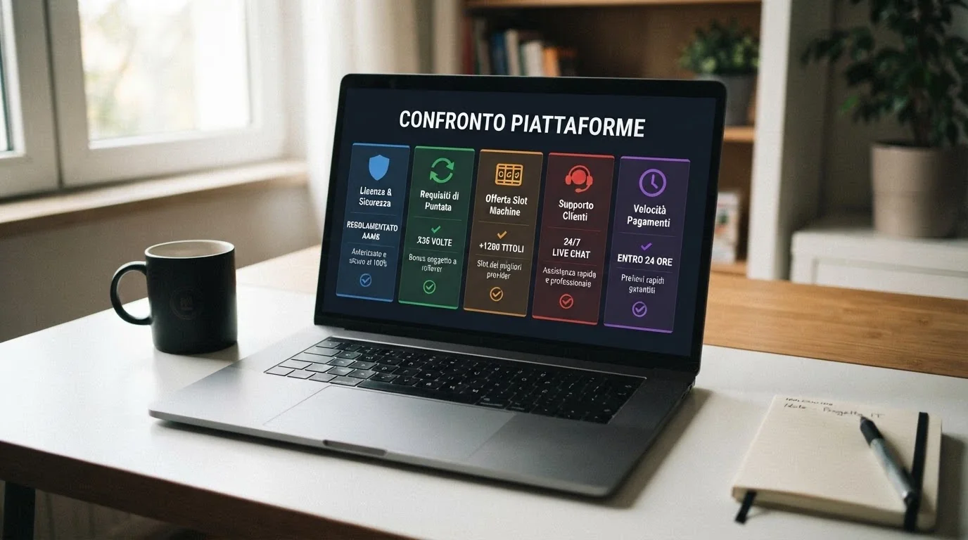 Una schermata di confronto tra diversi casinò online con icone che rappresentano i criteri di scelta: licenza, wagering, slot, assistenza