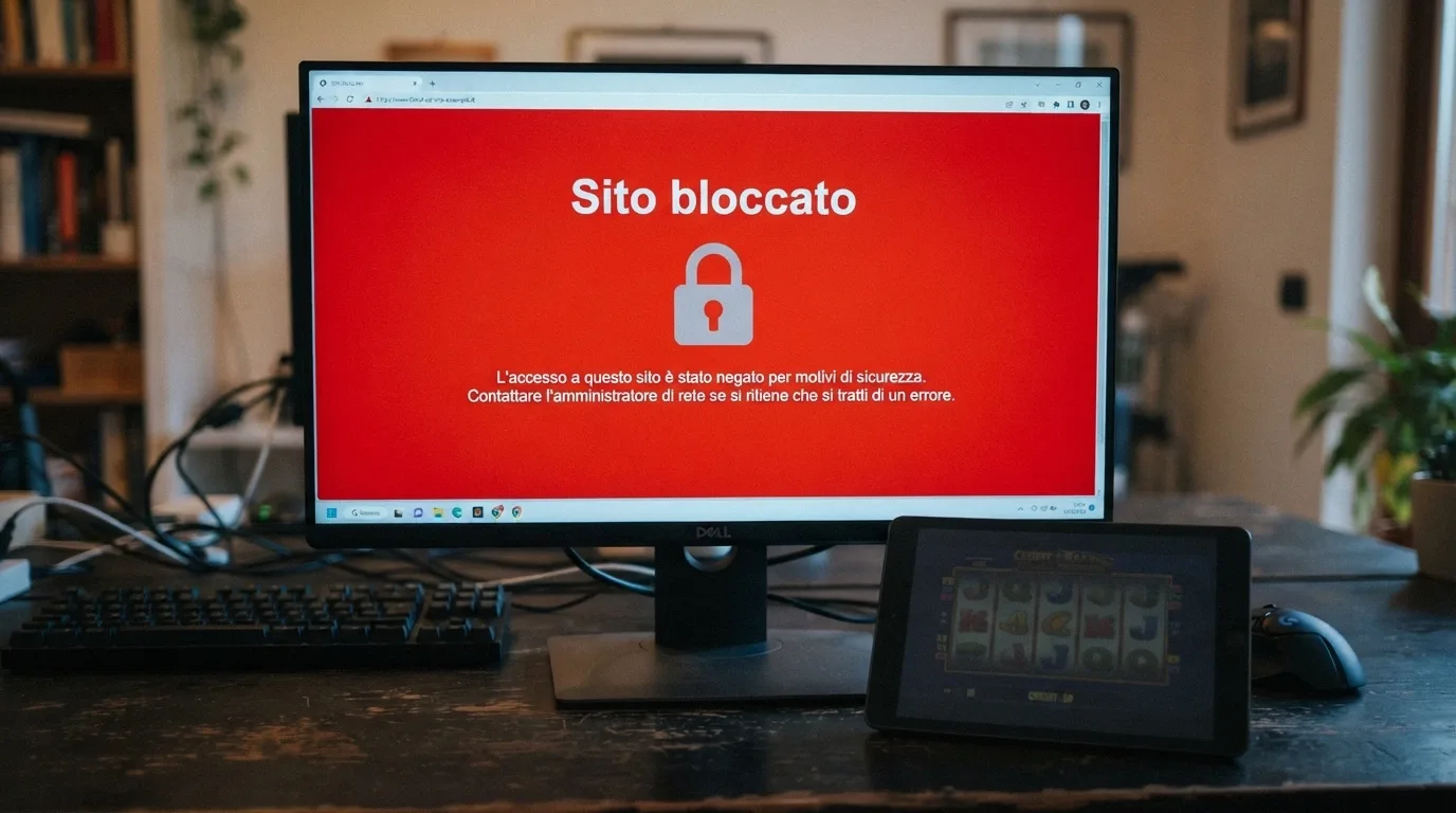 Lo schermo di un computer che mostra un avviso di «sito bloccato» in italiano con il logo ADM visibile, mentre in un angolo un secondo dispositivo mostra la stessa slot, oscurata