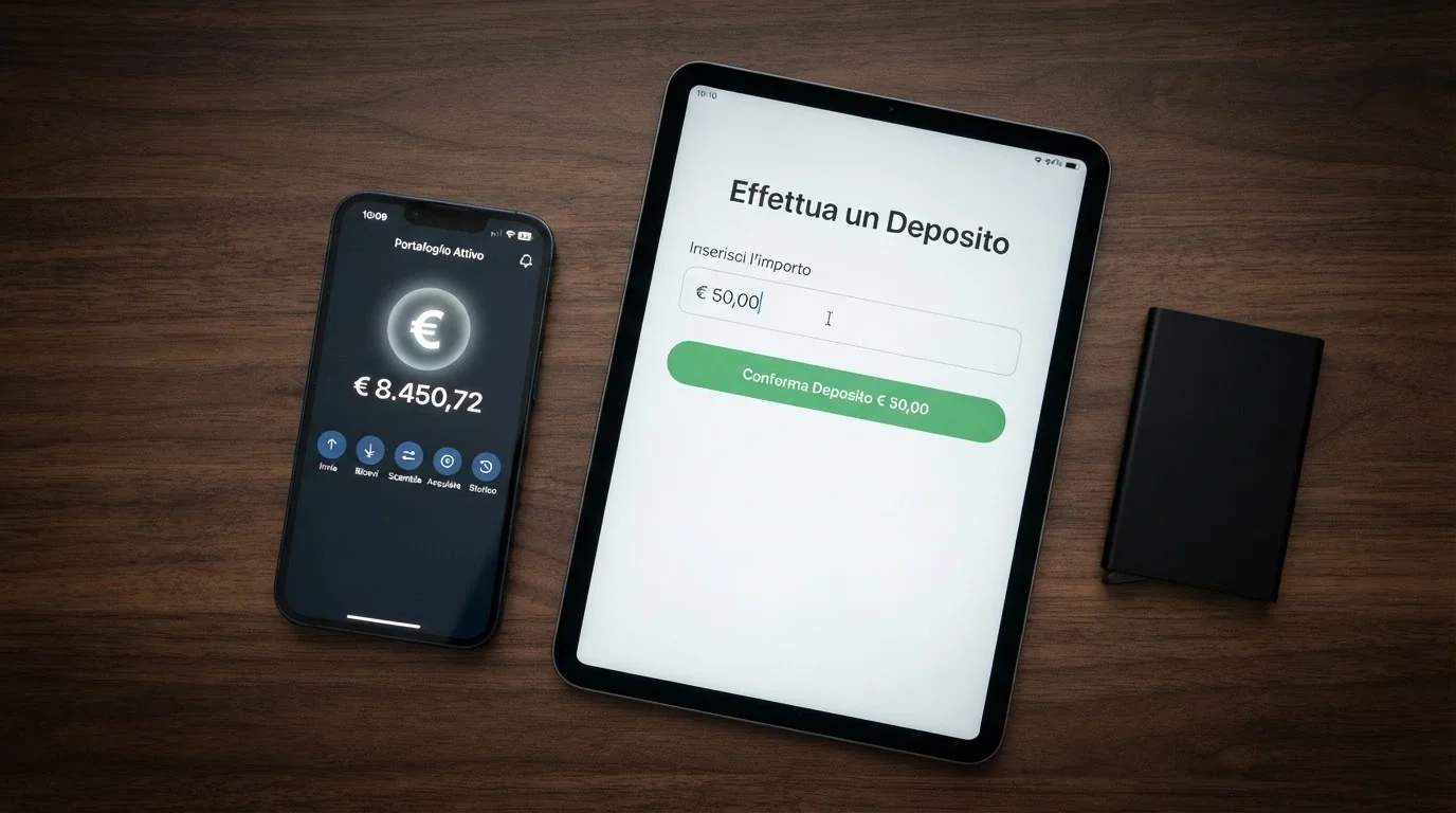 Uno smartphone che mostra l'interfaccia di un wallet di criptovalute accanto alla schermata di deposito di un casinò online