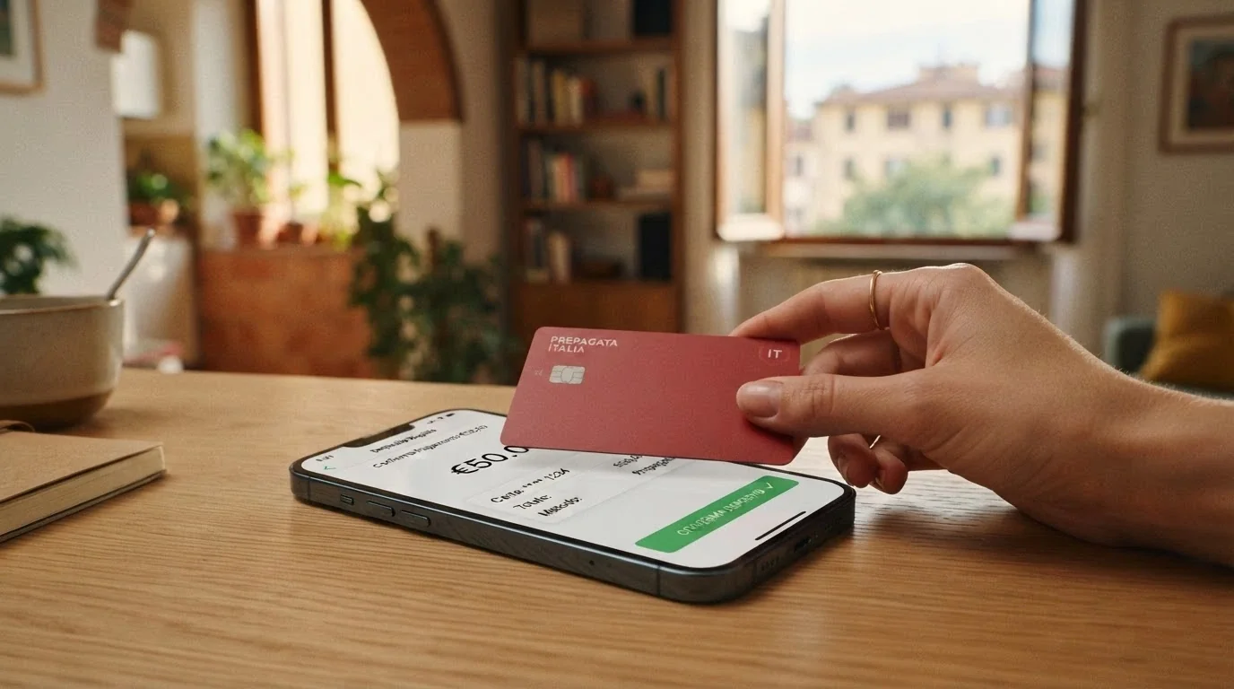 Una carta PostePay appoggiata su uno smartphone che mostra la schermata di deposito di un casinò online italiano