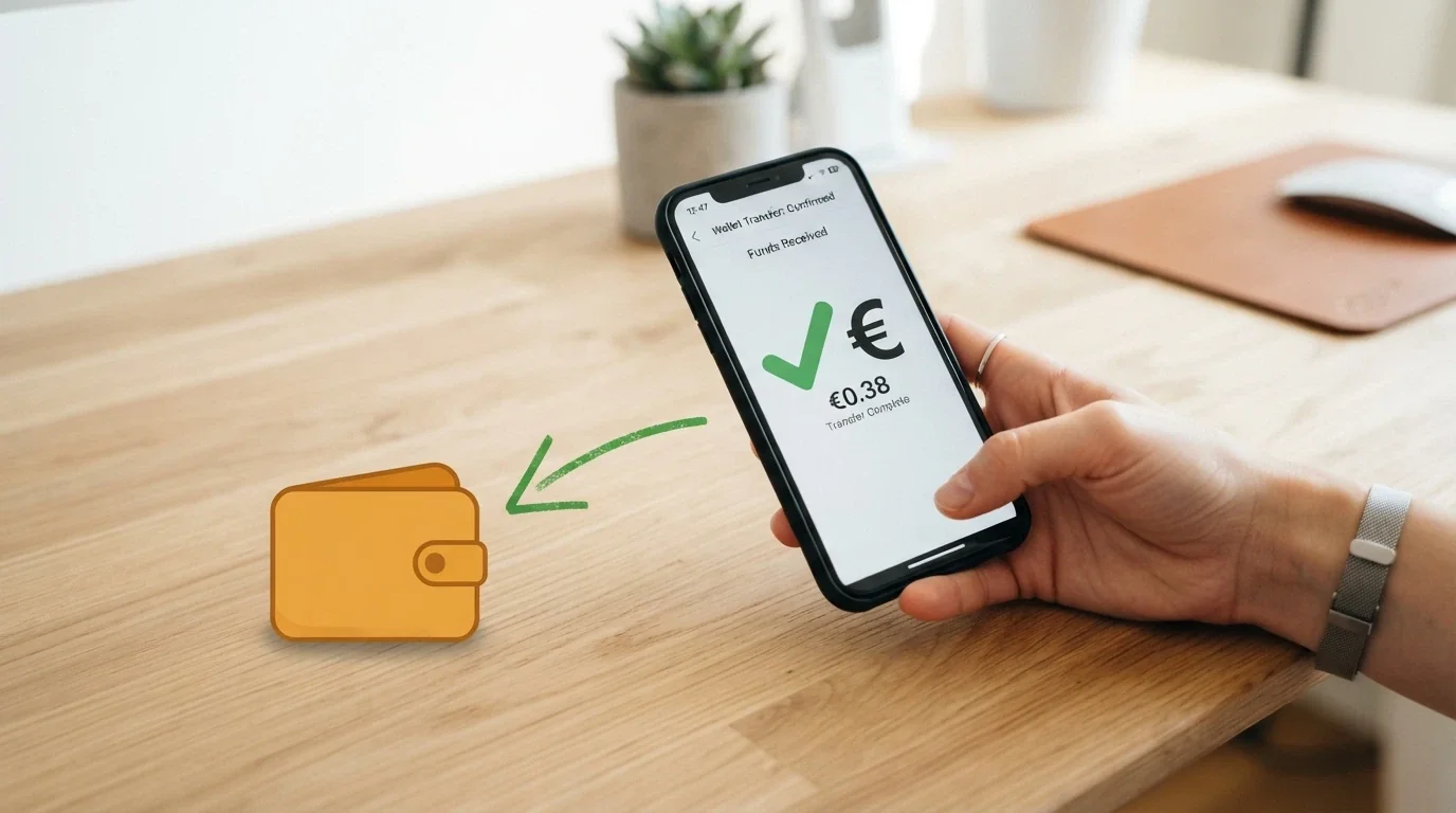 Una freccia che collega l'icona di un wallet Bitcoin a un telefono, con un segno di spunta verde