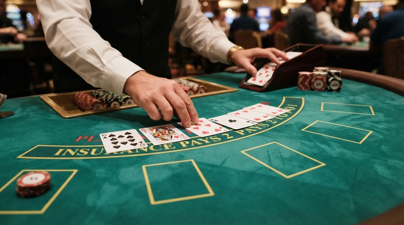 Primo piano delle mani di un croupier professionista che distribuisce carte su un tavolo da blackjack con il logo del provider sullo sfondo