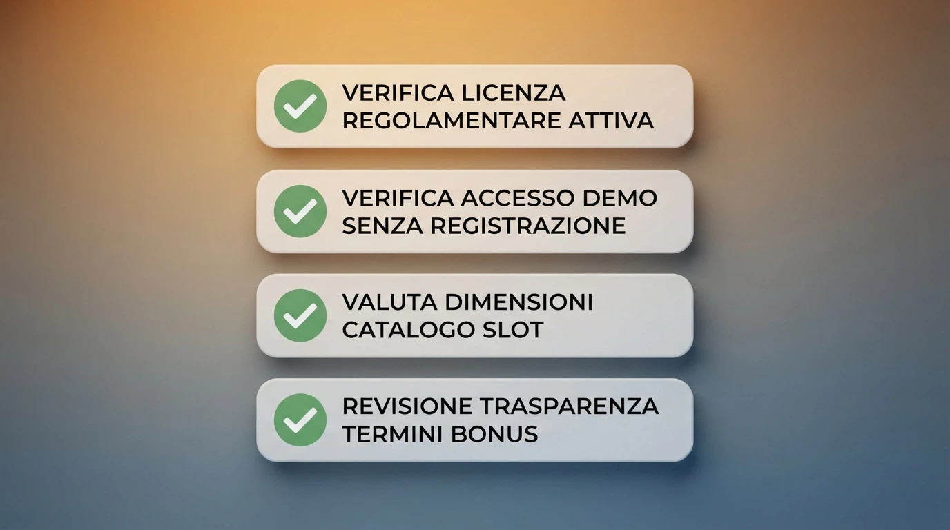 Una checklist illustrata con i quattro criteri di selezione: verifica concessione ADM, accesso demo senza registrazione, catalogo slot e trasparenza dei bonus, con icone di spunta accanto a ciascuna voce