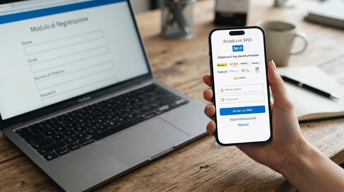 Una mano che avvicina un telefono a uno schermo con l'interfaccia di login SPID, accanto al modulo di registrazione di un casinò ADM
