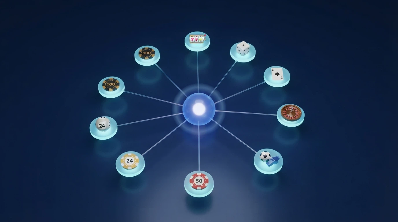 Un'illustrazione schematica del funzionamento del RUA: un'unica iscrizione via SPID che si propaga a tutte le piattaforme ADM e ai punti fisici, rappresentata come un pannello centrale da cui partono connessioni verso icone di casinò, sale slot e agenzie di scommesse