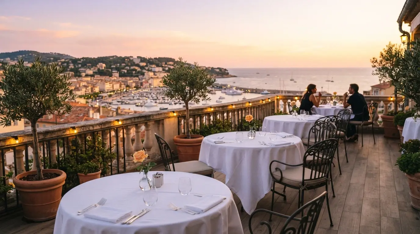 Tavoli apparecchiati sulla terrazza del Roof Garden del Casinò di Sanremo con vista sulla città