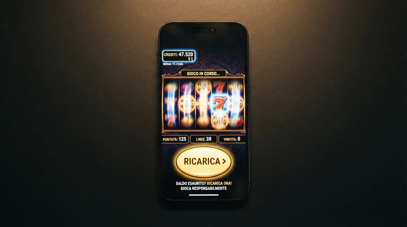 Il pannello di una slot machine in modalità demo con il contatore dei crediti virtuali che scende durante un giro e il pulsante «Ricarica» illuminato in giallo