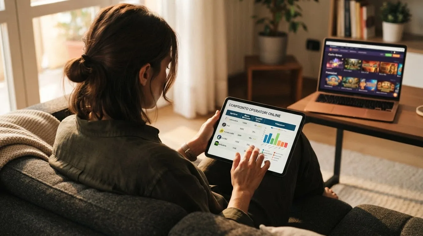 Un giocatore che consulta una guida comparativa su un tablet, con l'interfaccia di un casinò ADM sullo sfondo
