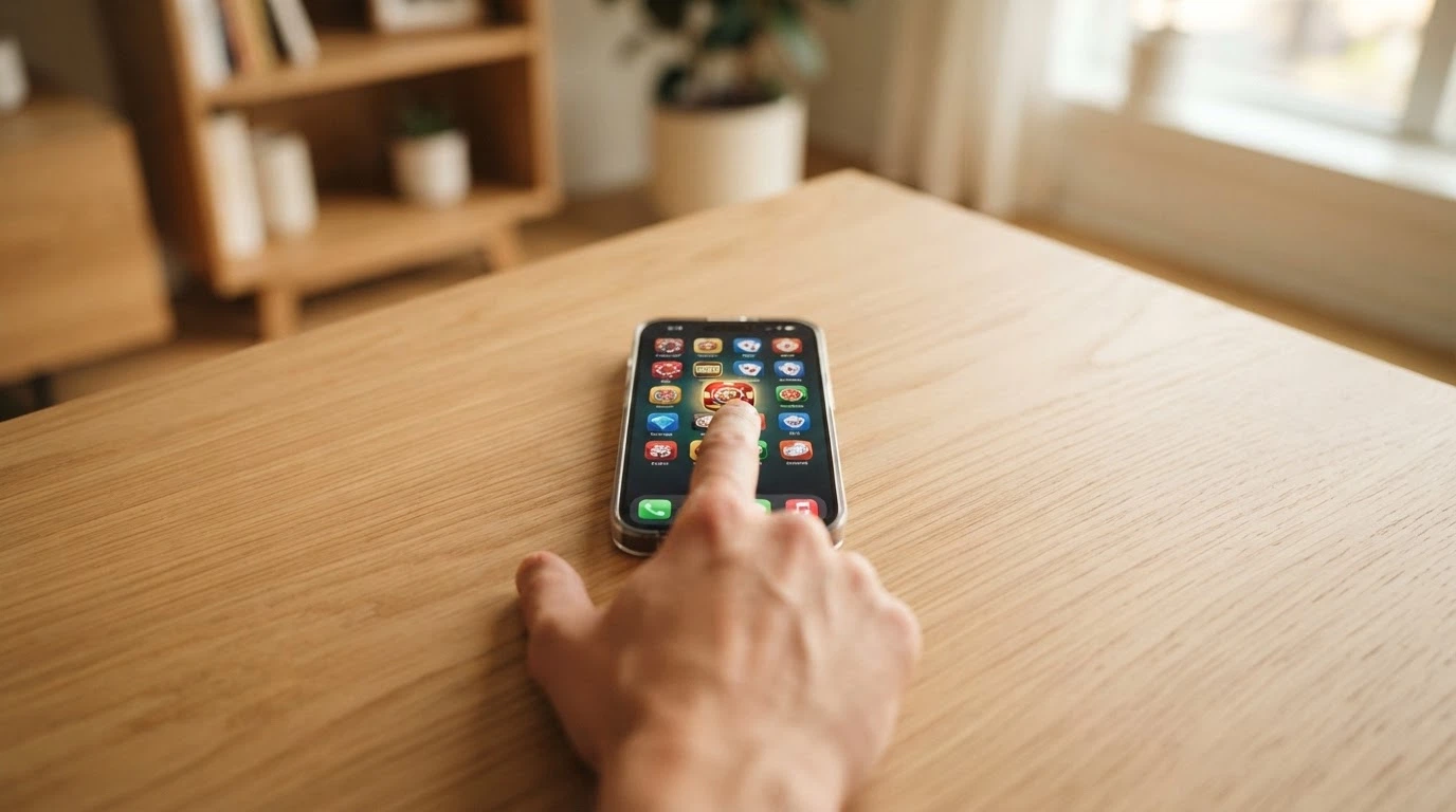 Un utente che sceglie tra diverse app casinò sul proprio iPhone, con il dito sospeso sullo schermo in un gesto di decisione