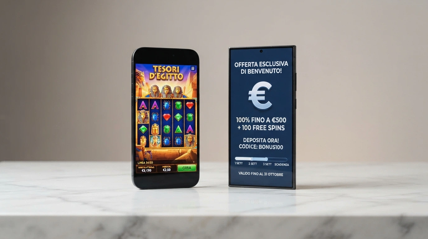 Due smartphone Android affiancati con interfacce diverse: una focalizzata sulle slot, l'altra sui bonus e il cashback