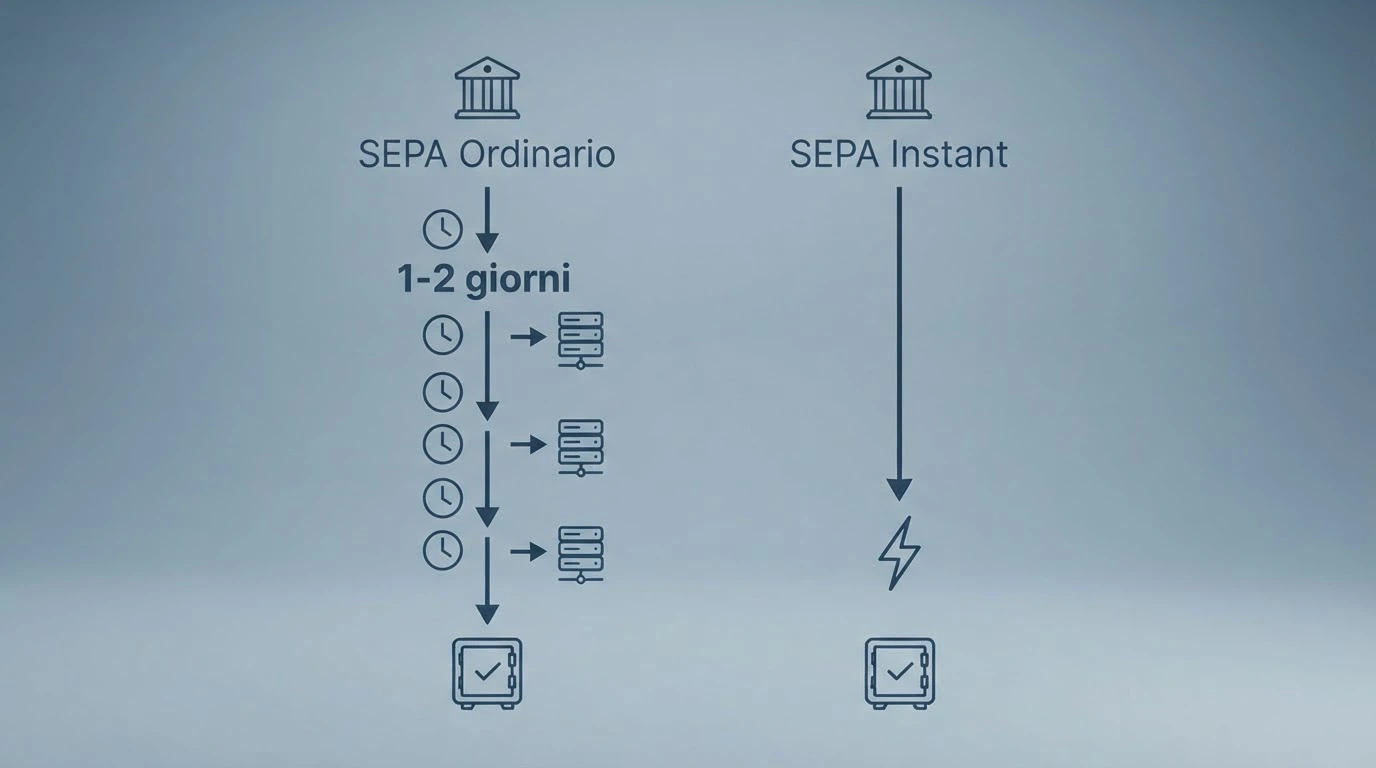 Schema comparativo tra il flusso di un bonifico SEPA ordinario e uno SEPA Instant Credit Transfer