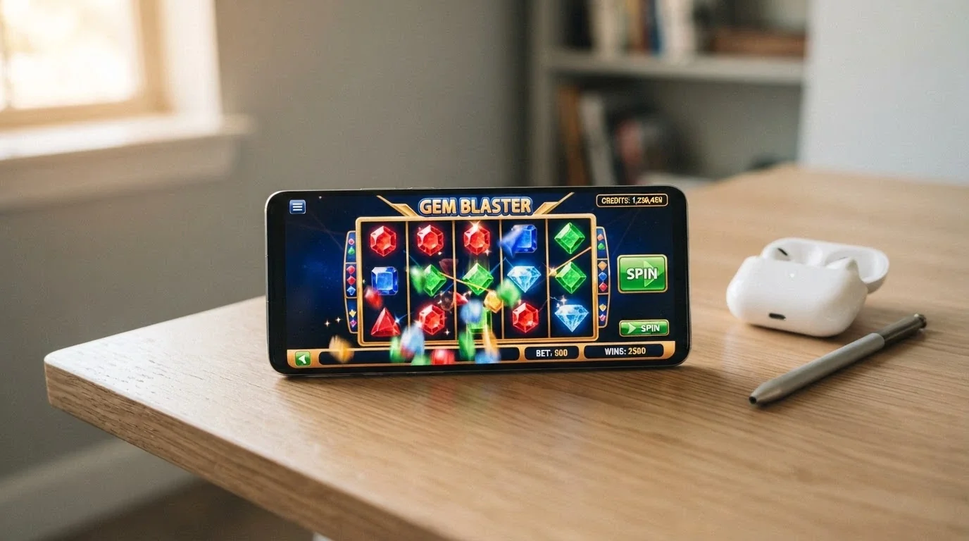 Uno smartphone in orizzontale con una slot BTG in esecuzione nel browser mobile, interfaccia touch visibile