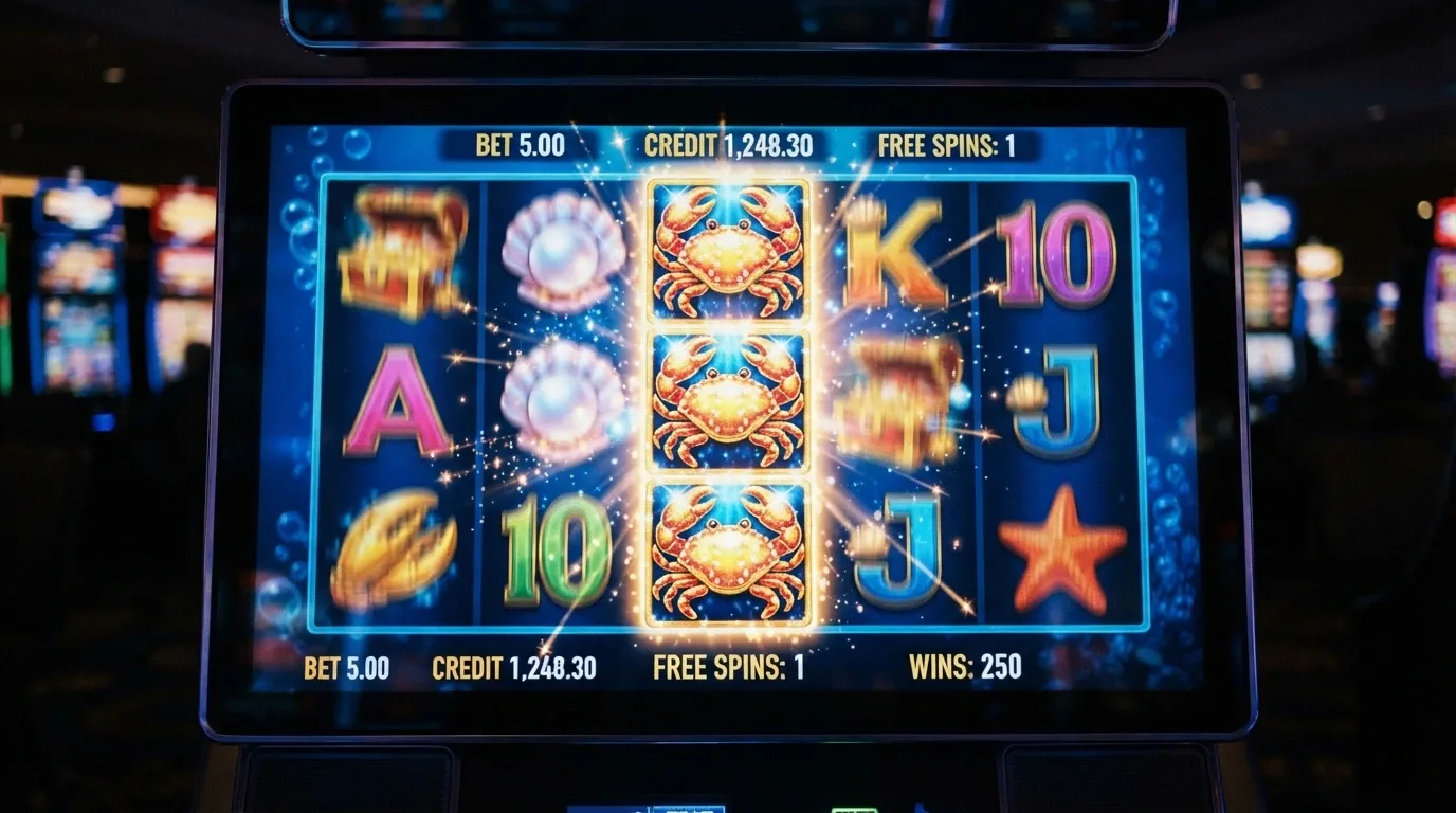 La schermata di gioco della slot Cash & Crab Bonus Hunt con i simboli del granchio e i rulli 5×3