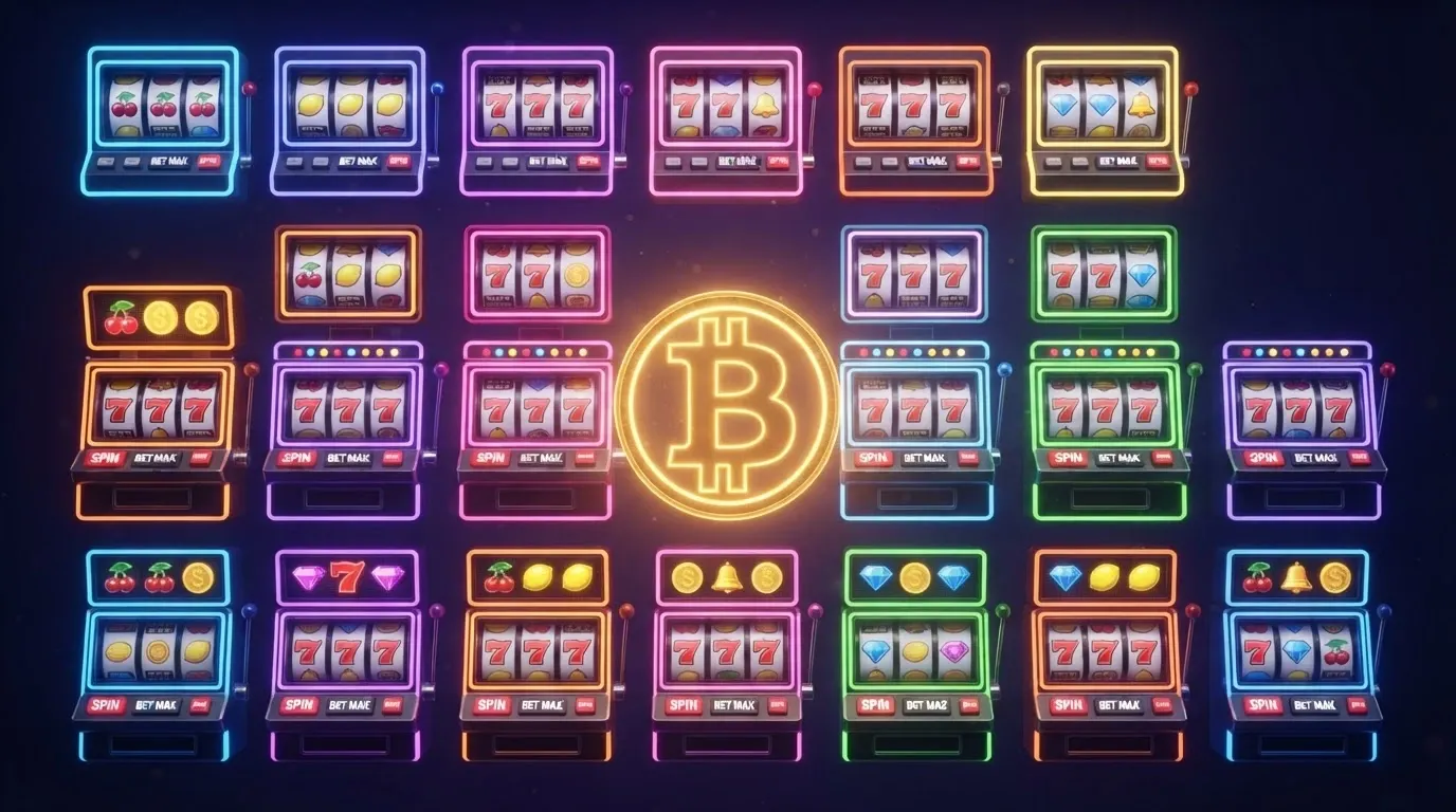 Una griglia di icone di slot machine colorate con il simbolo Bitcoin in sovrimpressione
