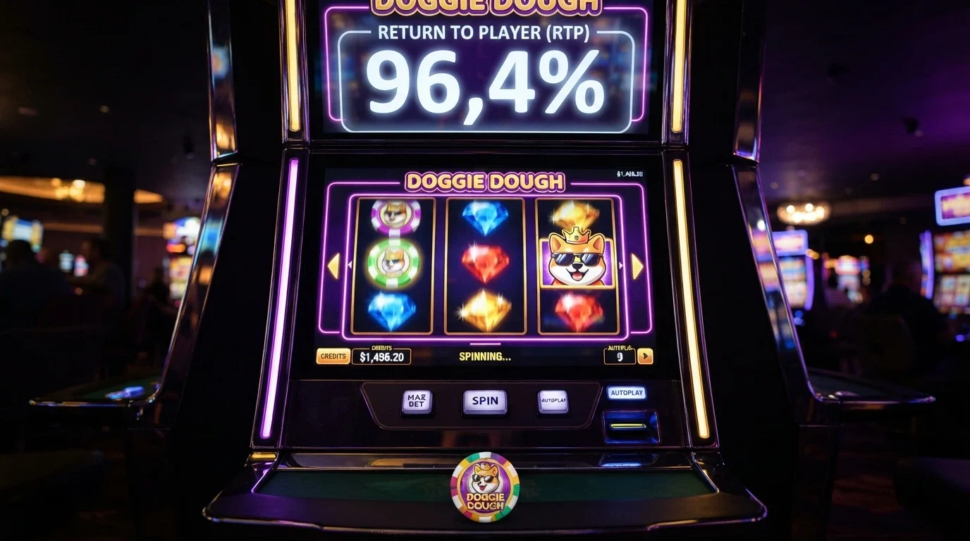 Una slot machine digitale con i rulli che mostrano simboli crypto e il logo DOGE, con un indicatore RTP 96,4% in sovraimpressione
