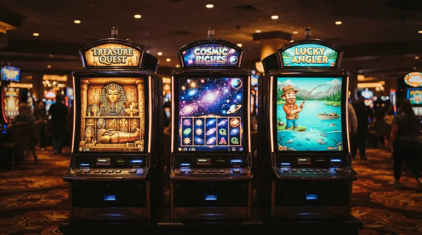 Tre slot machine affiancate con i titoli Book of Dead, Starburst e Big Bass Bonanza in evidenza sullo schermo
