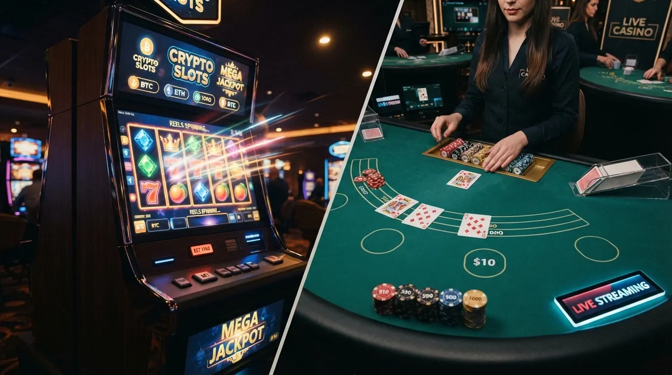 collage di slot machine a tema crypto e di un tavolo da casinò live con dealer in streaming