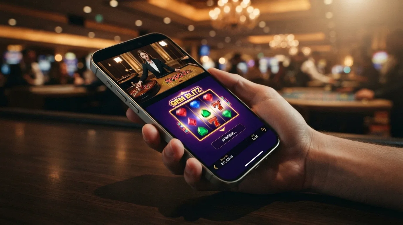 Schermata di un iPhone con una slot machine colorata in primo piano e un tavolo da live dealer con croupier in streaming sullo sfondo