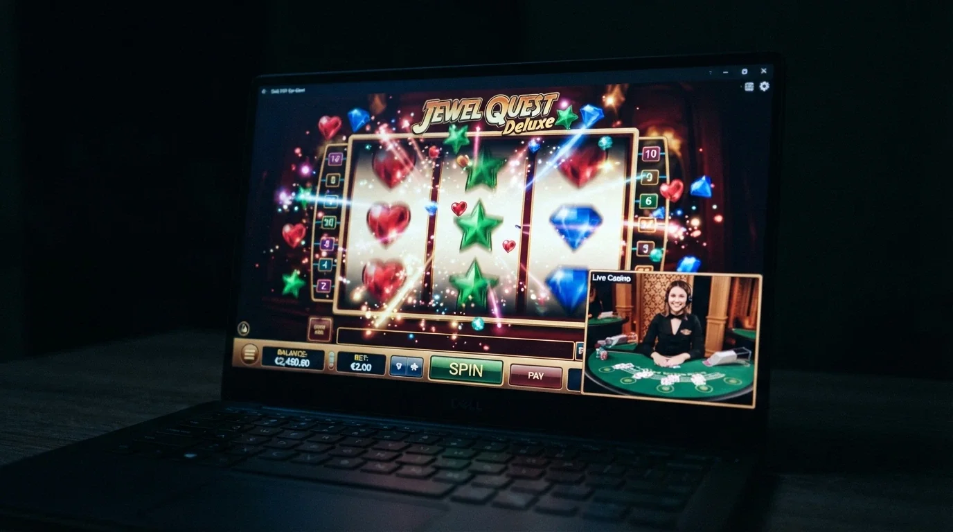 Una schermata di slot machine online con rulli in movimento e l'interfaccia di un tavolo live in secondo piano